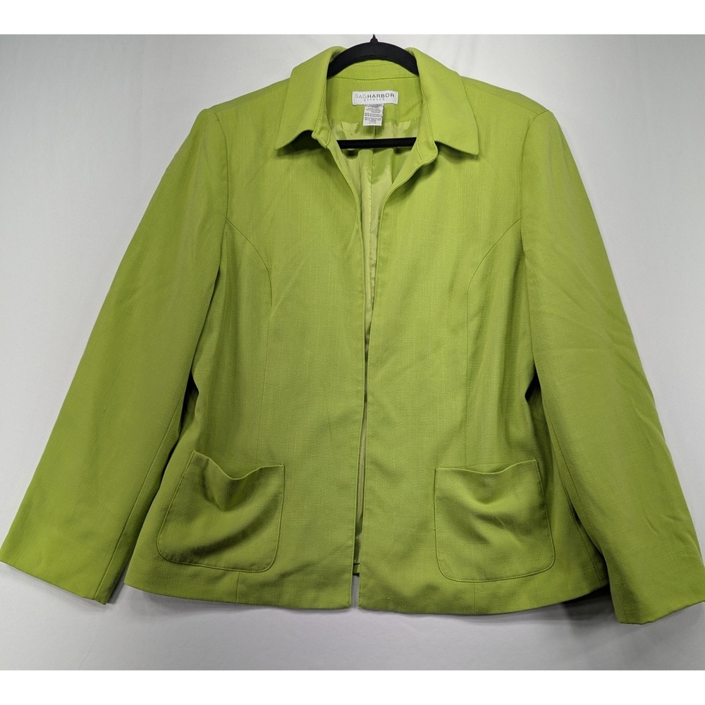 Sag Harbor Stretch Lime Green Open Front Blazer Jacket Pockets Size 16 56314OMV